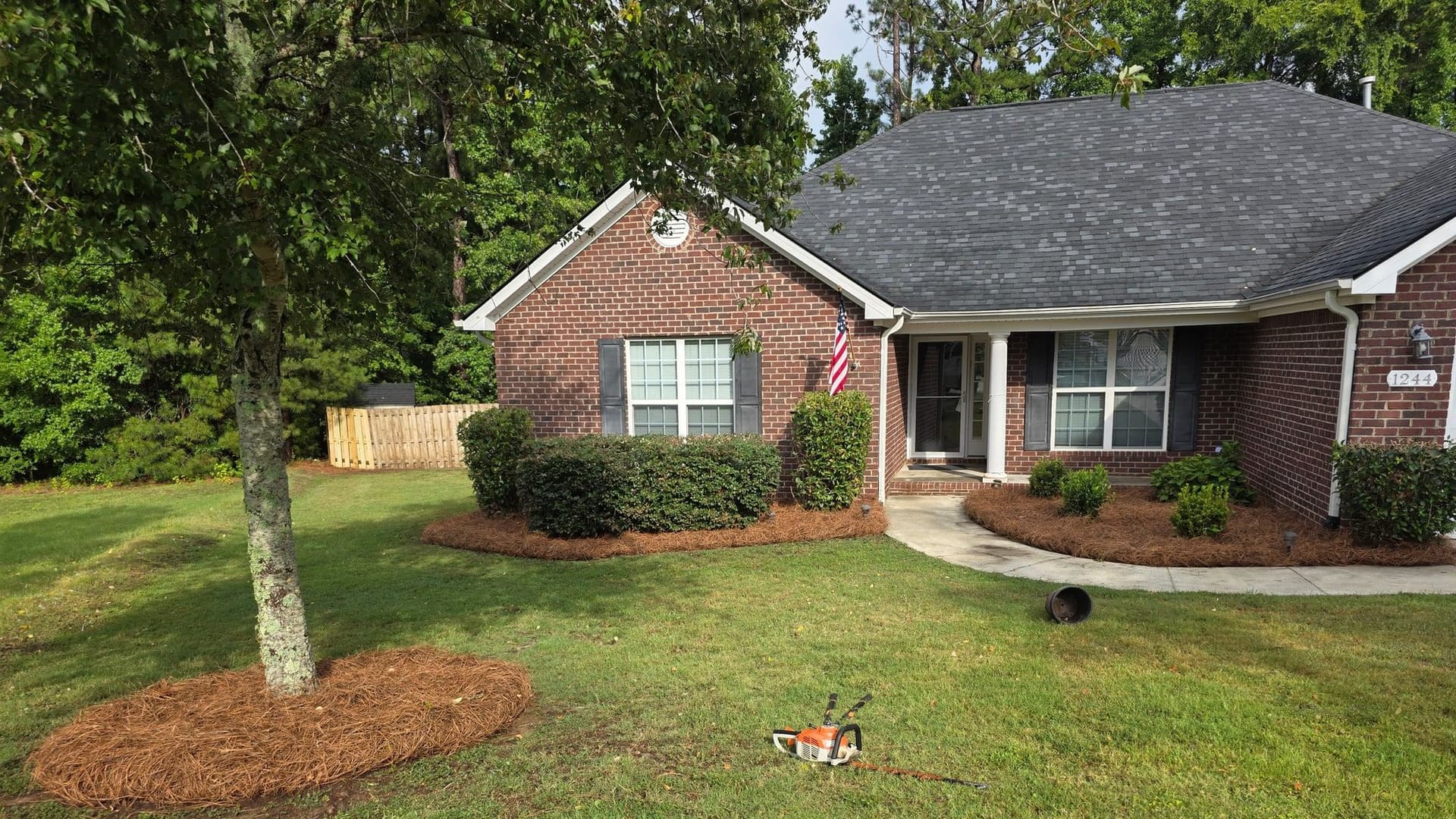 Fresh pine straw bed sweeping past trimmed hedges